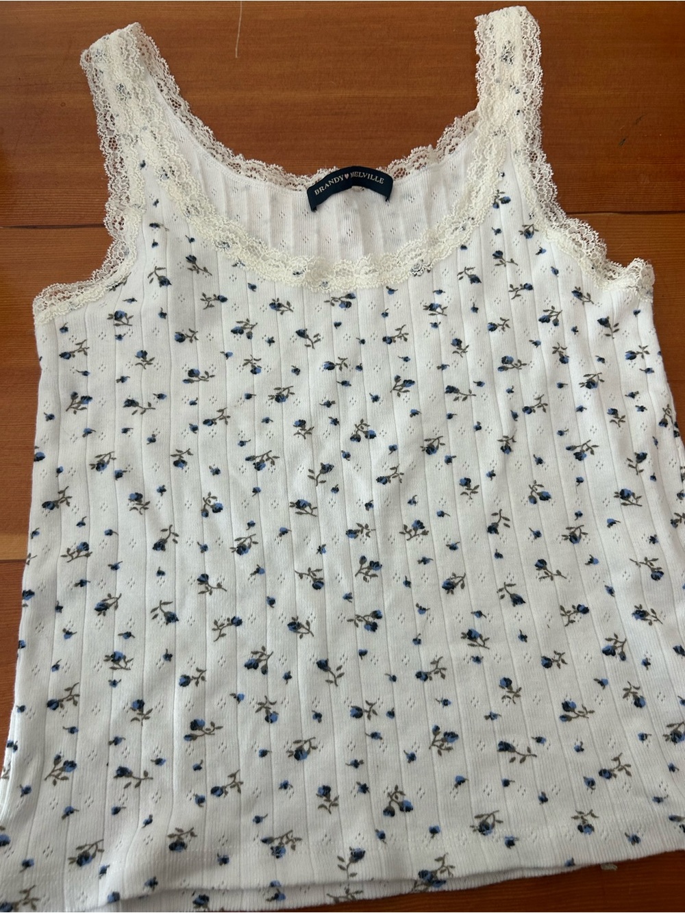 Brandy Melville White Tank Top with Blue Floral Print and Cream Lace